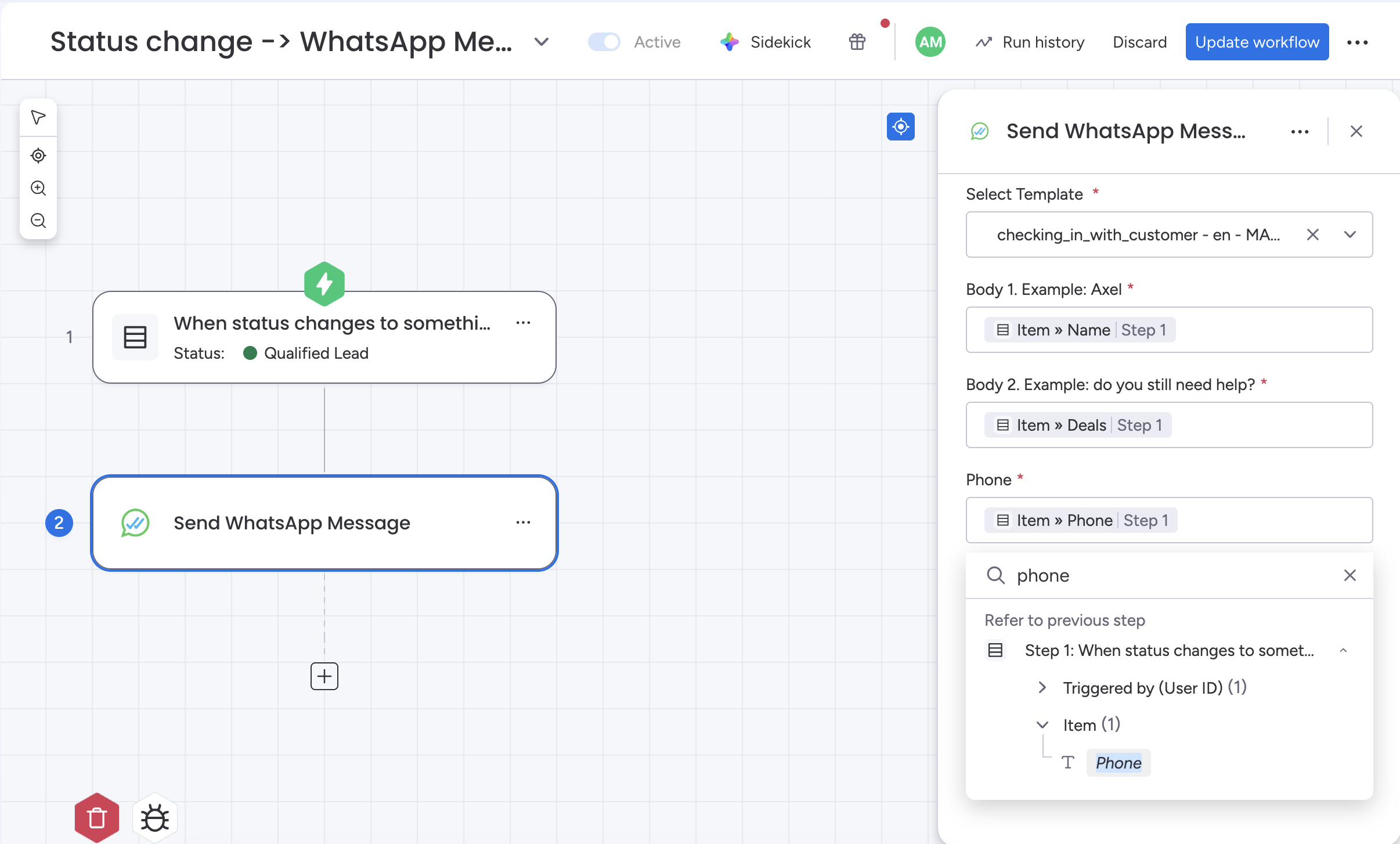 monday automation workflow Publish step with WhatsAble send message