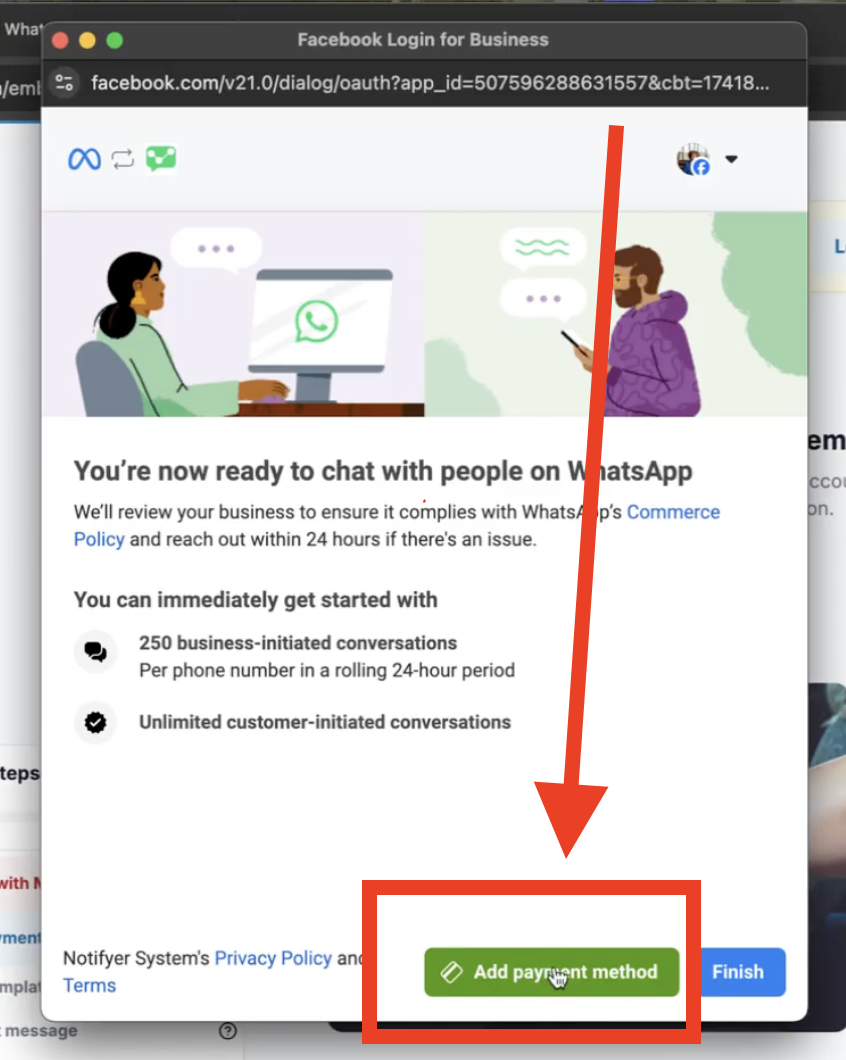 Meta Business settings—add payment method for WhatsApp account