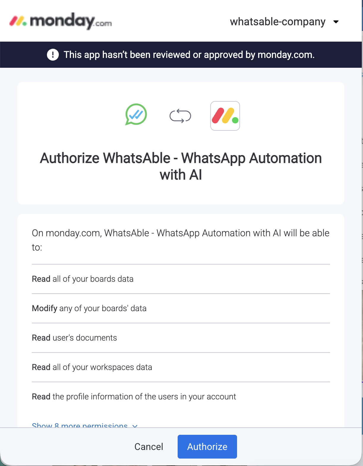 Authorize WhatsAble Notifyer integration in monday.com