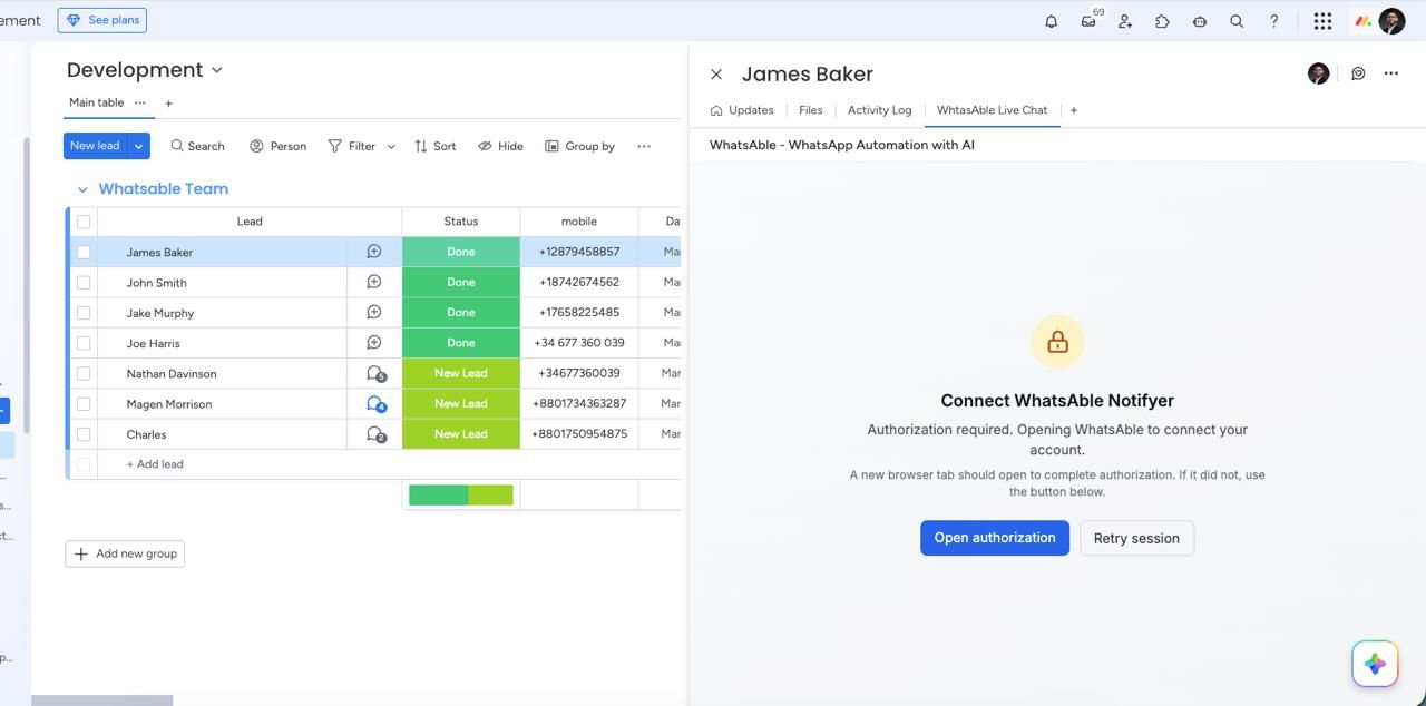 WhatsAble successfully connected confirmation in monday.com