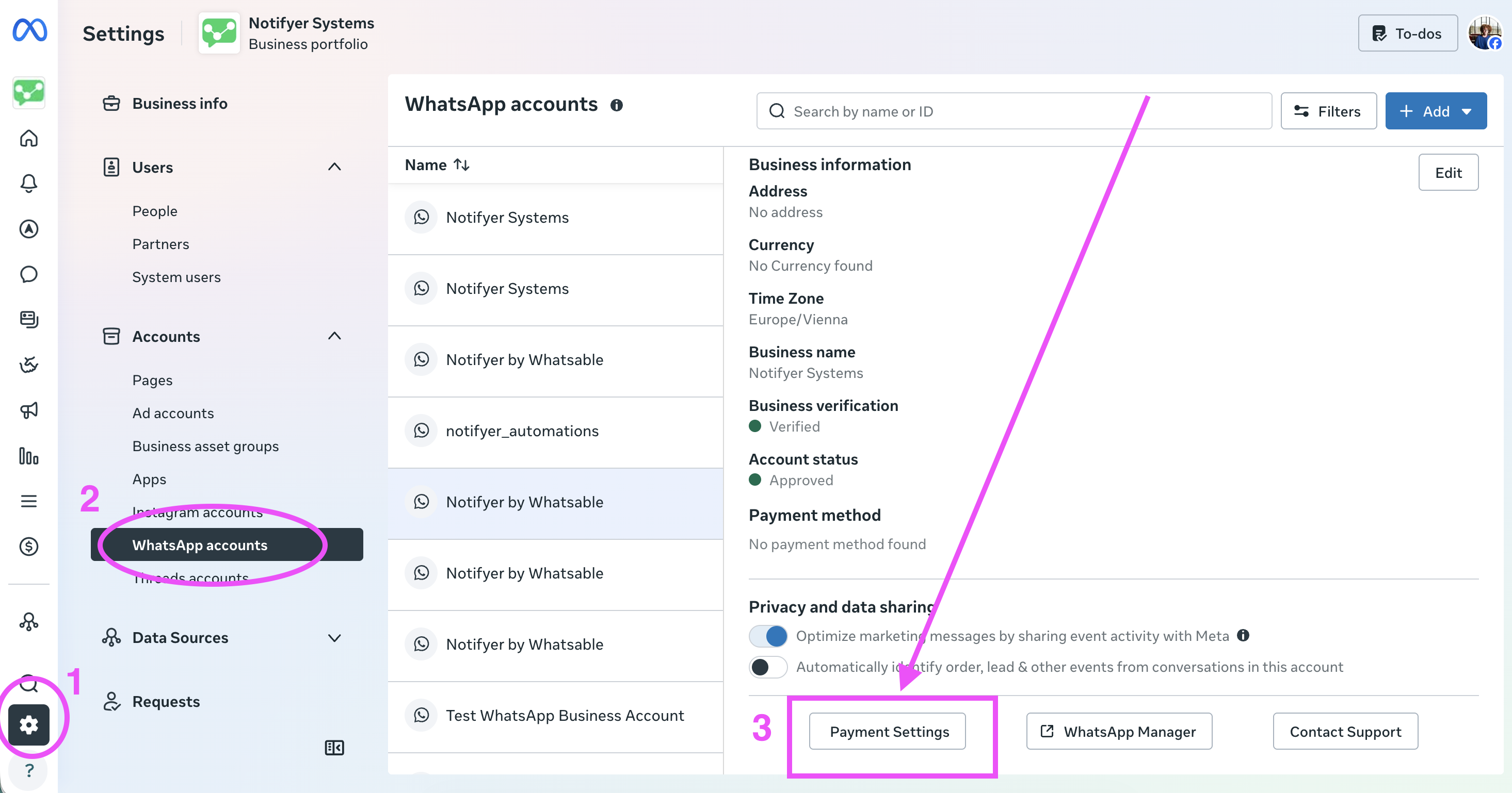 Meta Business payment menu for WhatsApp conversation-based billing