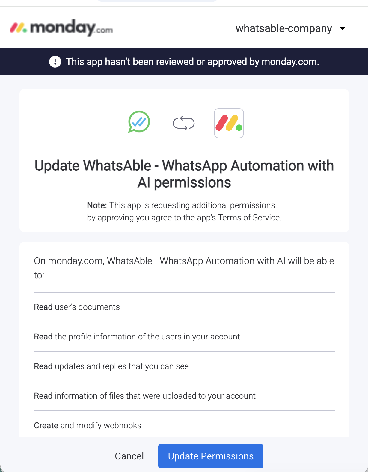 monday marketplace install permission dialog for WhatsAble