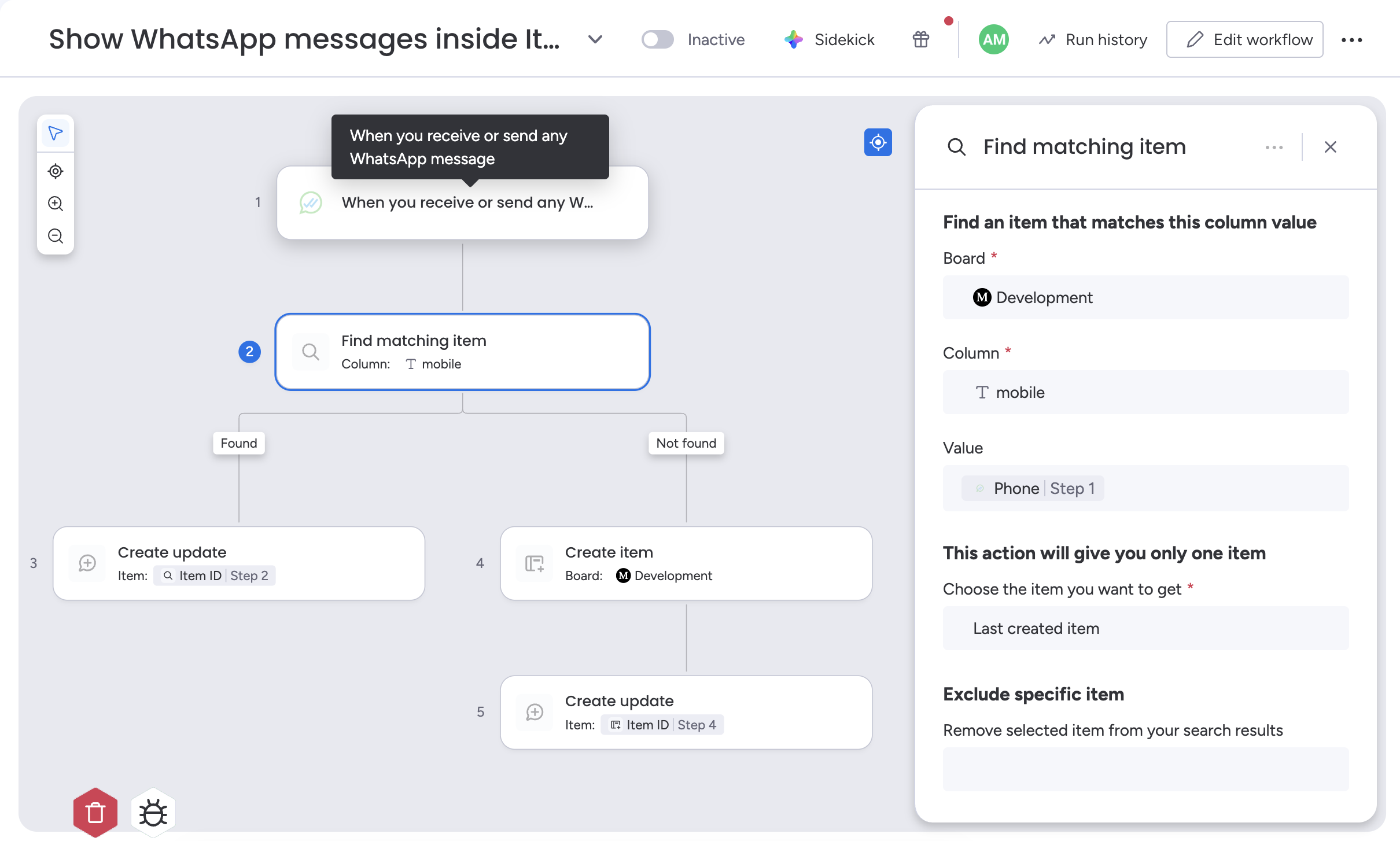 monday WhatsAble inbound workflow with find matching item by phone field
