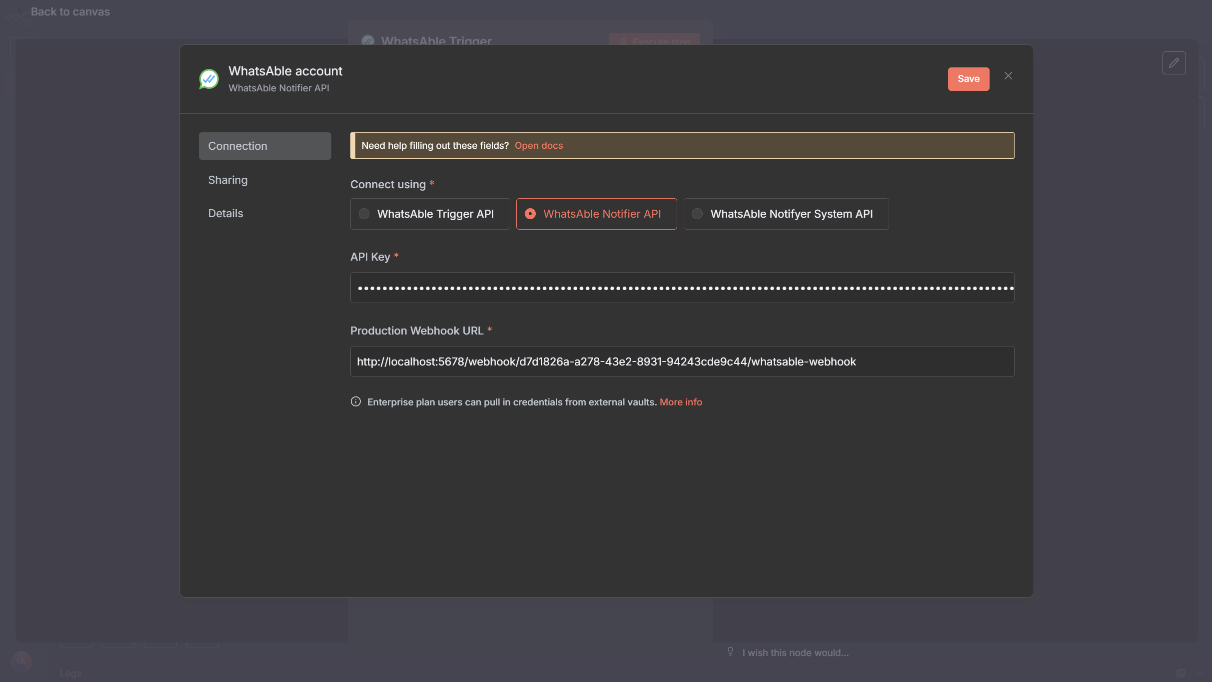 WhatsAble credential configuration interface