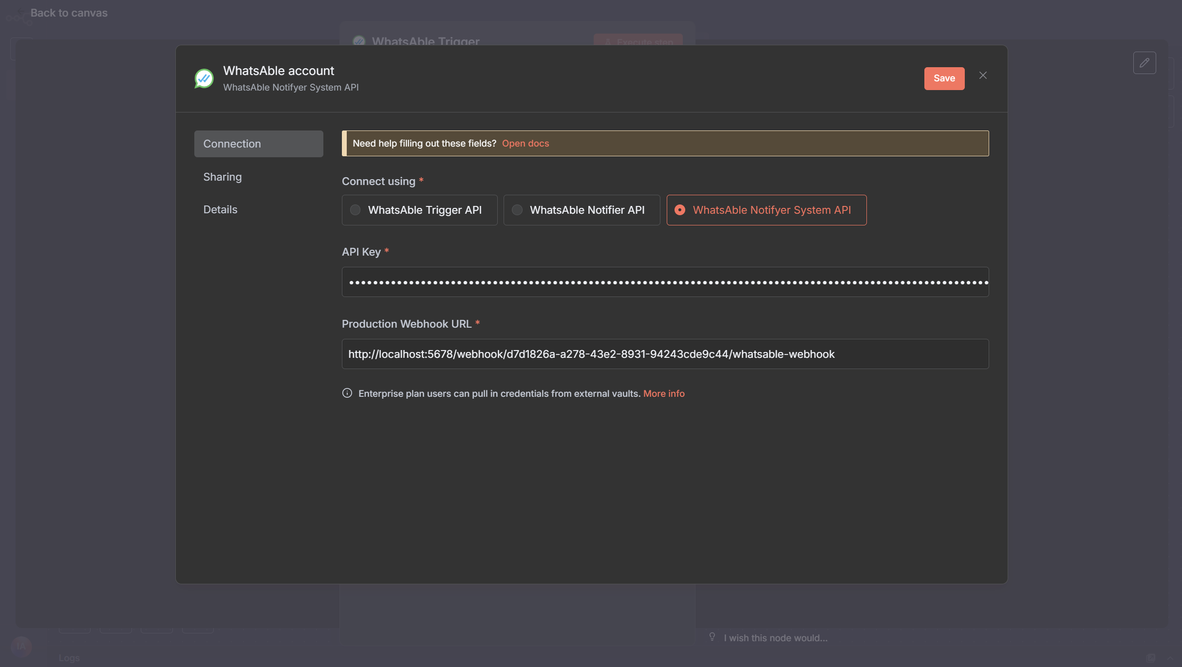 WhatsAble credential configuration interface