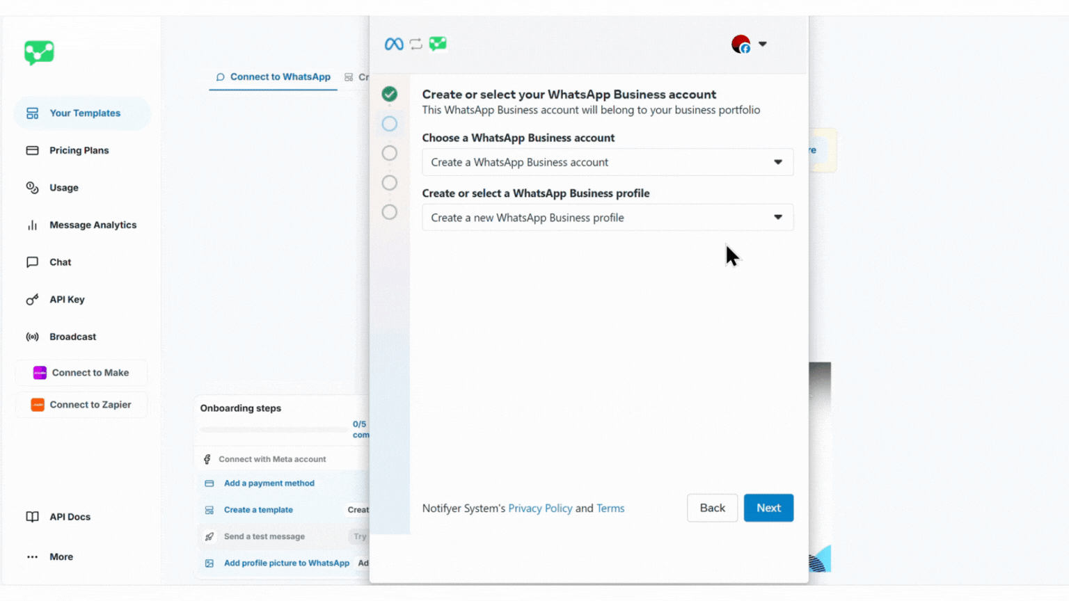Selecting options for WhatsApp Business Account and Profile
