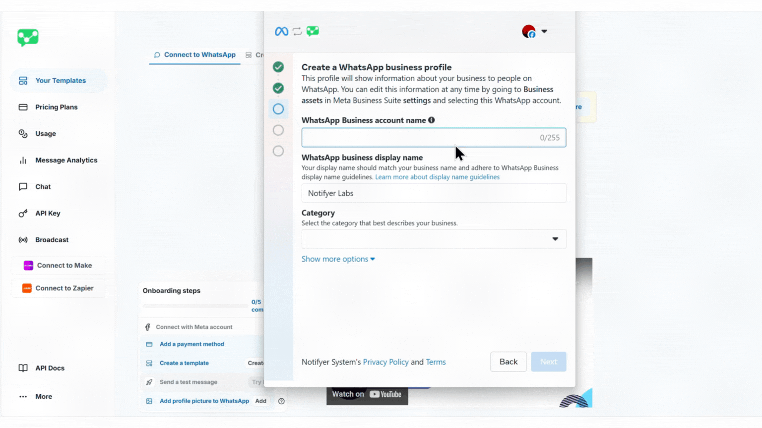 Entering required information in Create a WhatsApp business profile section