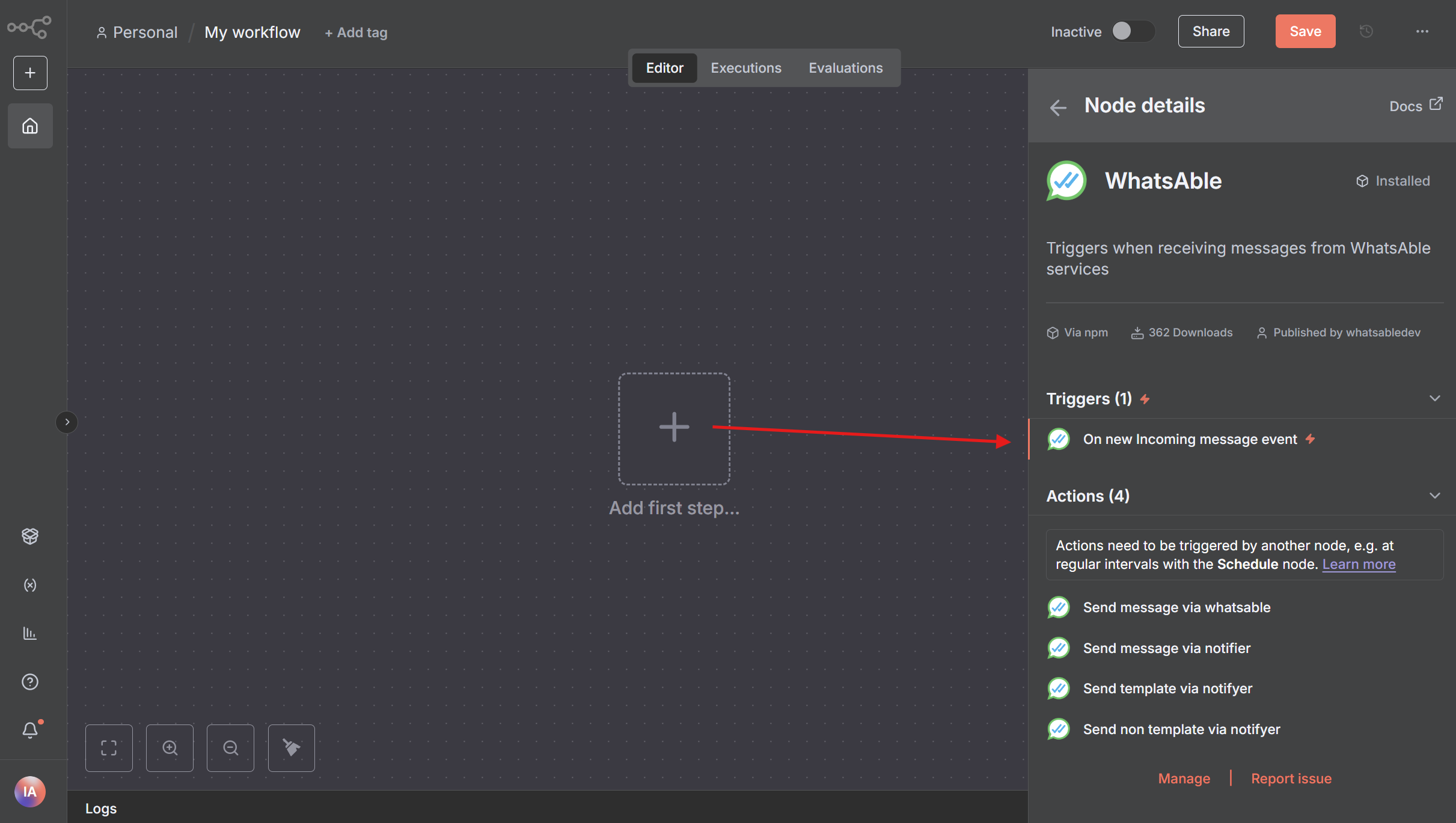 WhatsAble node selection showing trigger options