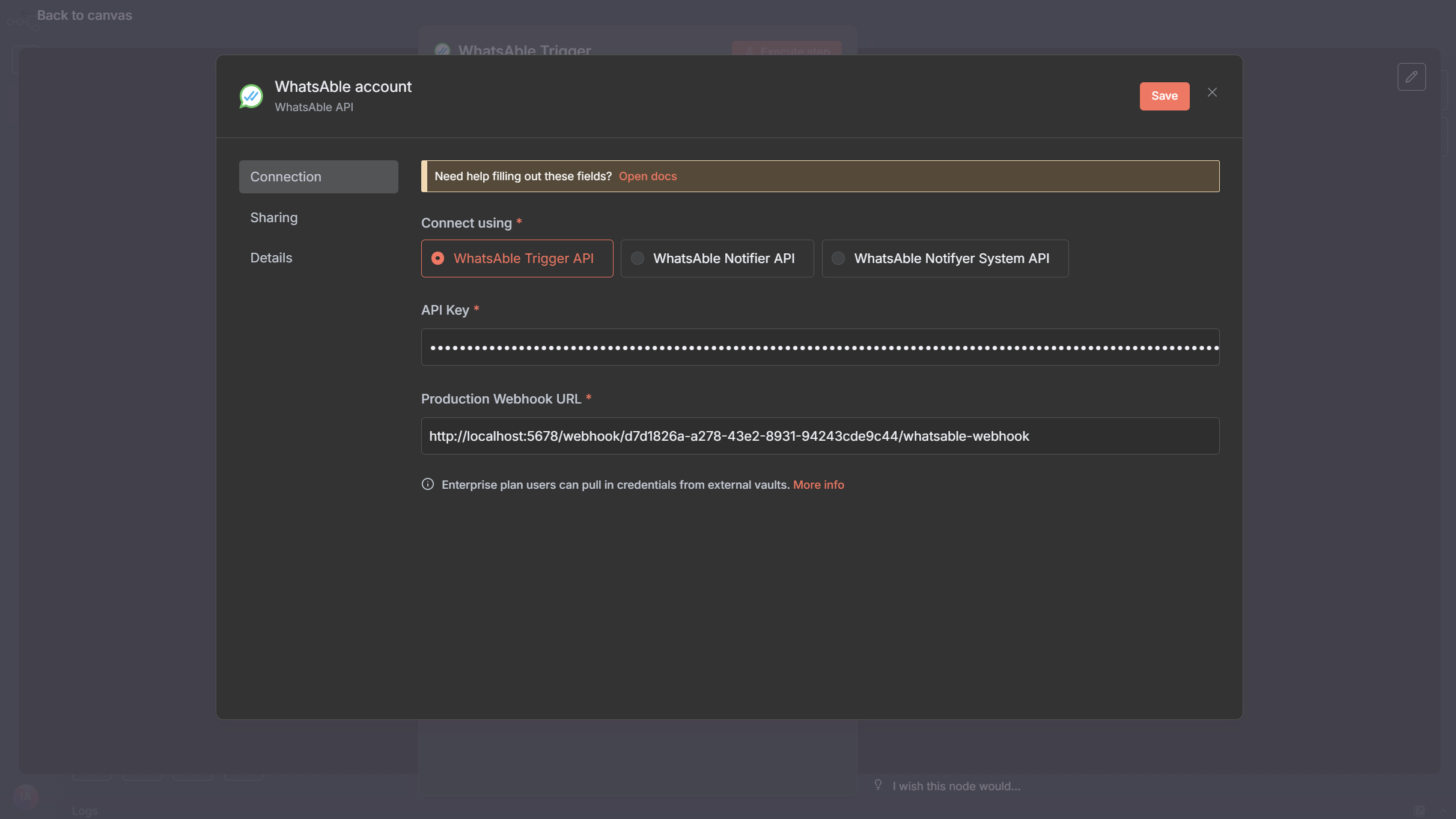 WhatsAble credential configuration interface