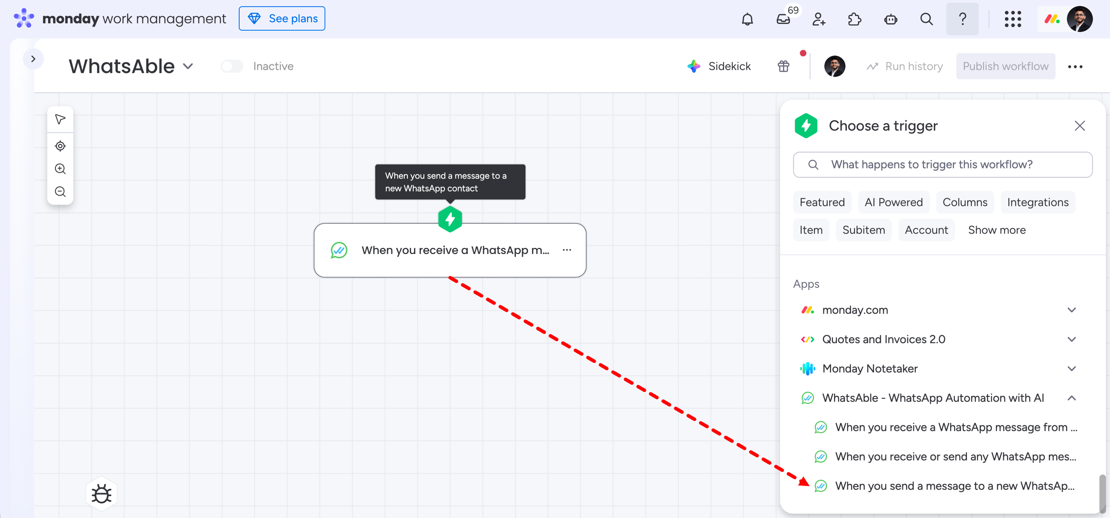 WhatsAble trigger: When you send a message to a new WhatsApp contact