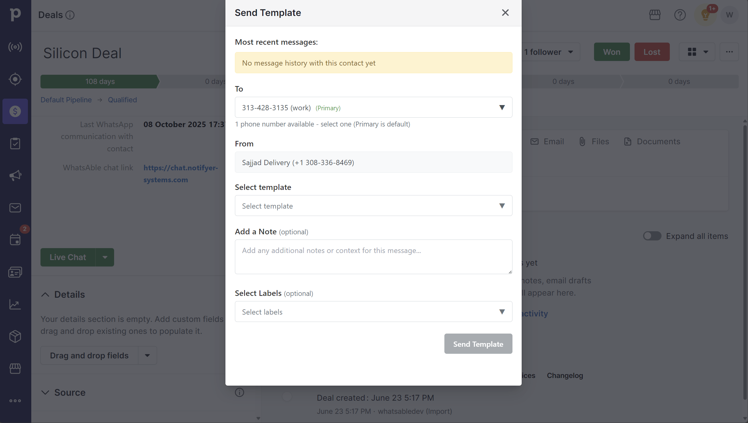 Piped Message Pipedrive - WhatsAble Documentation