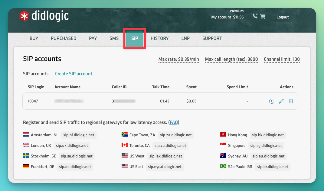 DIDLogic SIP tab showing accounts list