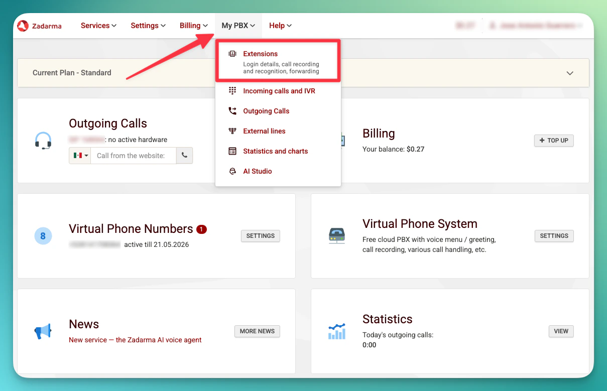 Zadarma My PBX Extensions