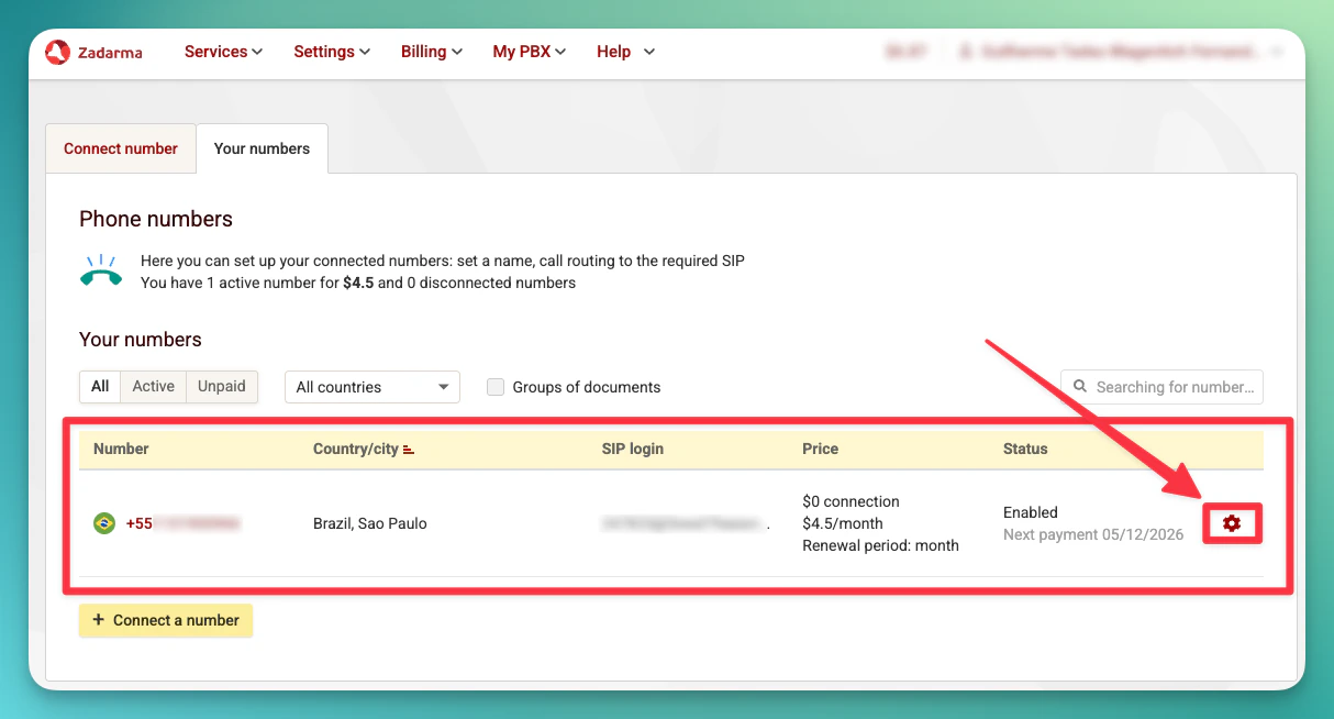 Zadarma SIP Settings Virtual phone numbers Gear Icon