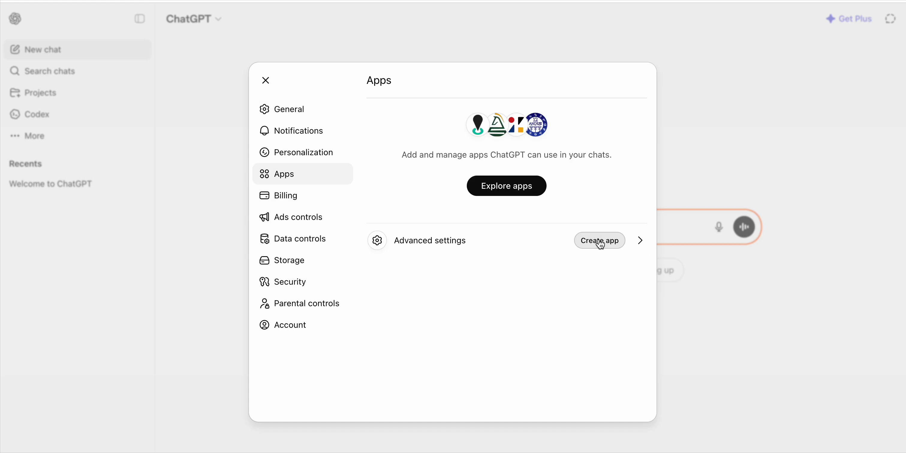 ChatGPT Apps settings page with the Create app button visible