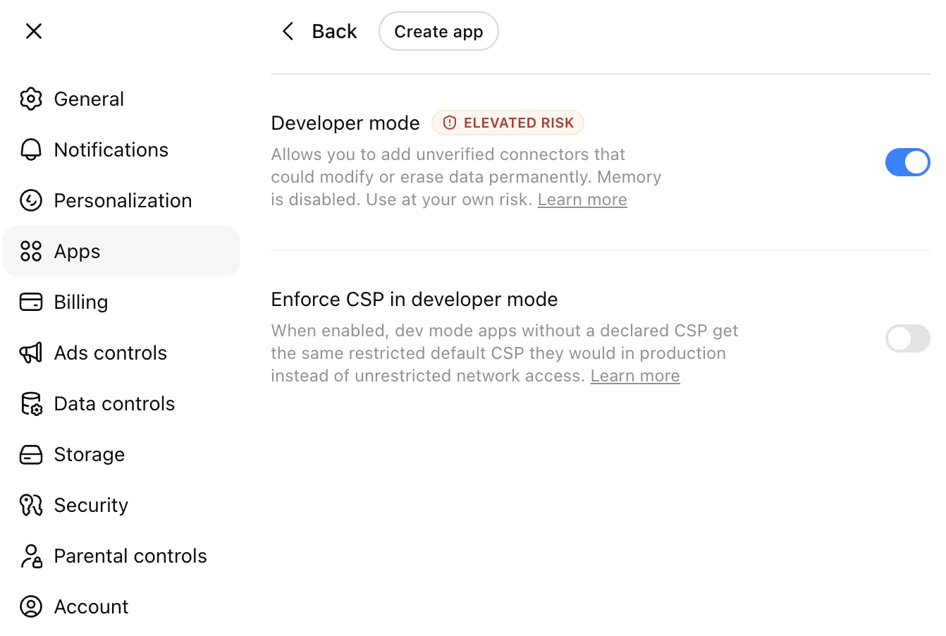 ChatGPT Developer mode toggle in Advanced settings