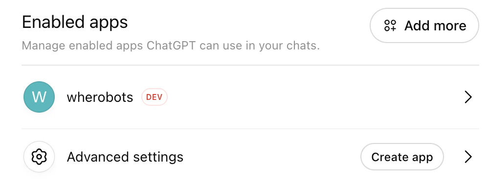 ChatGPT Apps settings page with Wherobots app listed