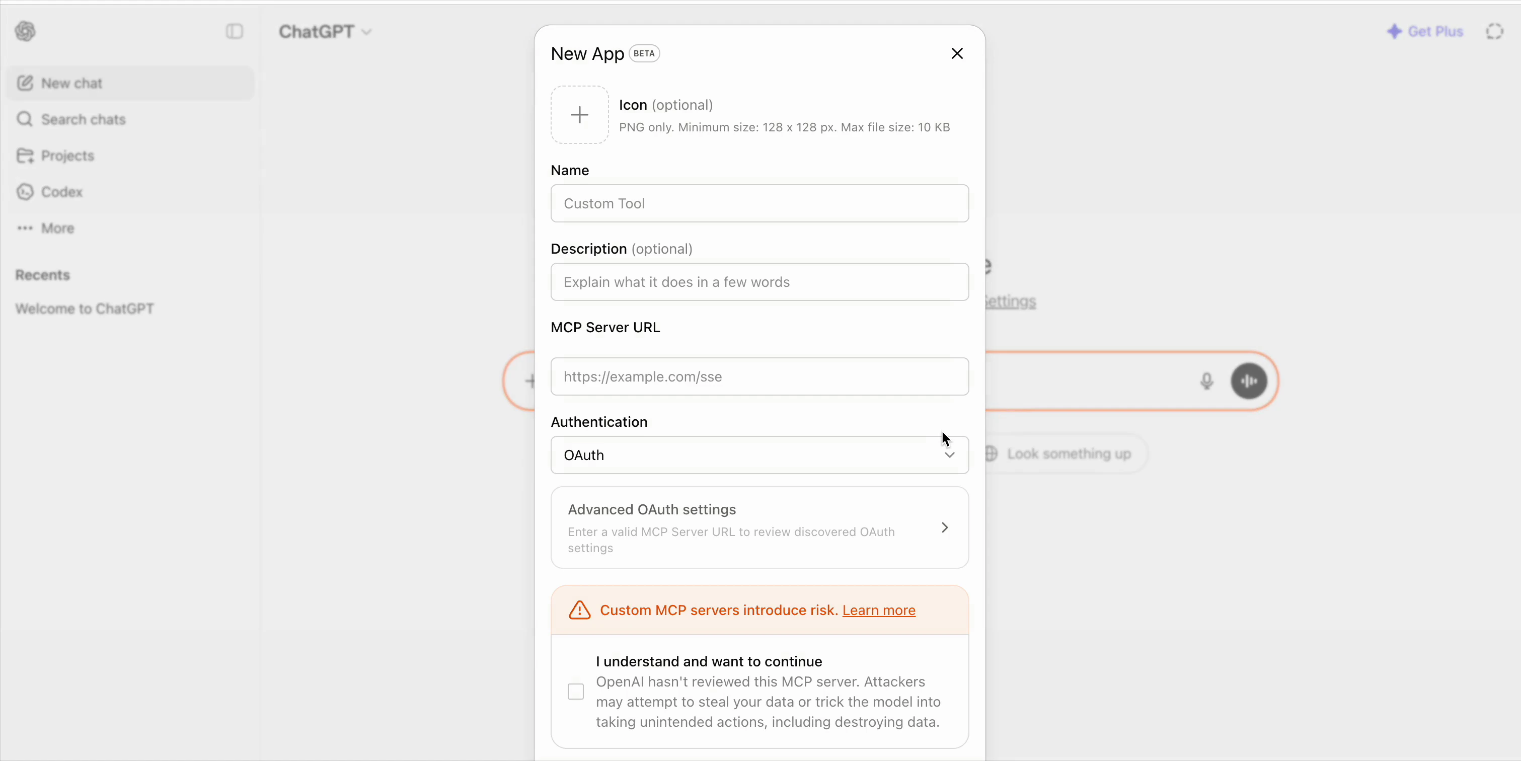 ChatGPT New App form with Name, MCP Server URL, and OAuth Authentication fields