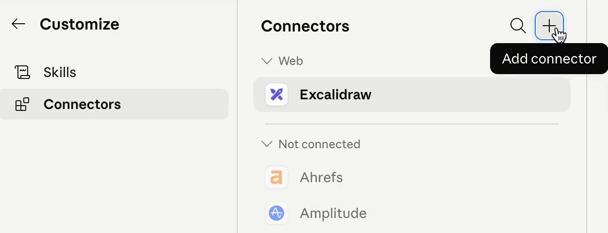 Claude Connectors page with the + Add connector button highlighted