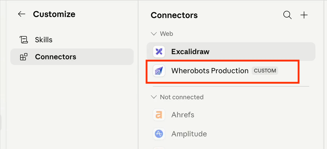 Claude showing Wherobots Production connected in the Web connectors list