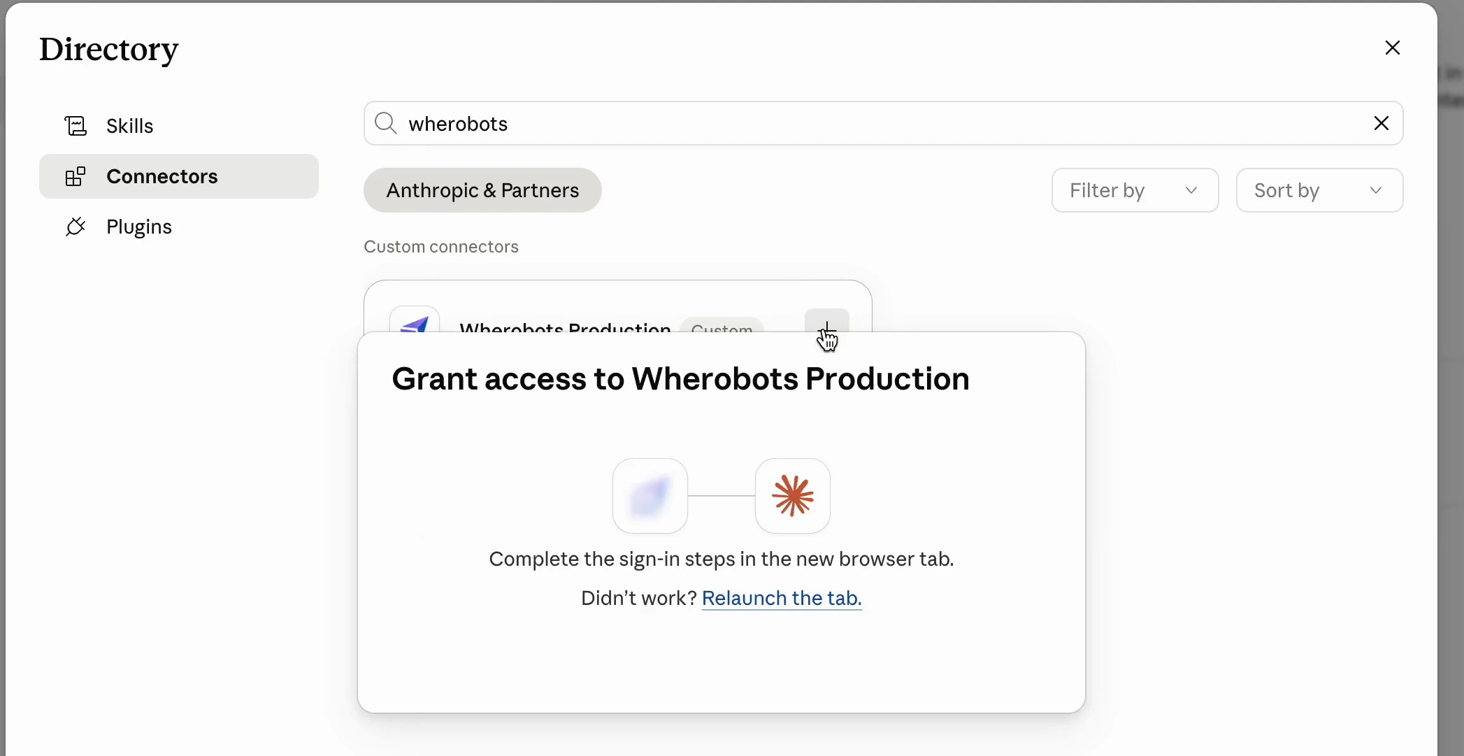 Claude Directory search results showing the Wherobots Production Custom Connector