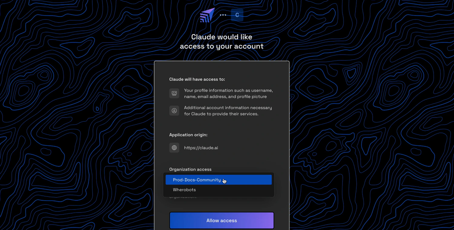 Wherobots OAuth consent screen prompting Claude access for the selected Organization