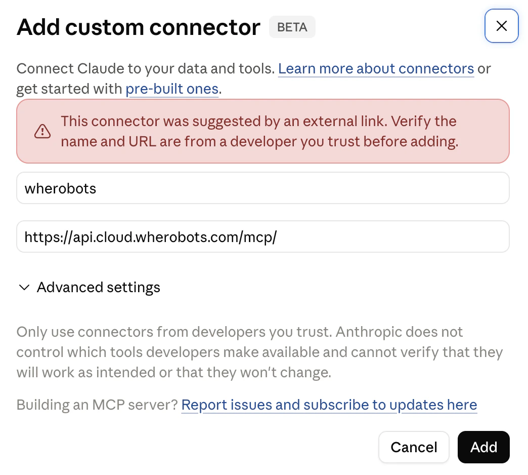 Claude Connectors page with the Add custom connector button highlighted