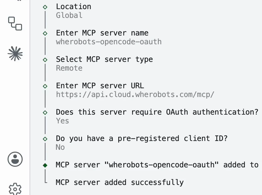 Terminal showing the completed opencode mcp add wizard prompts