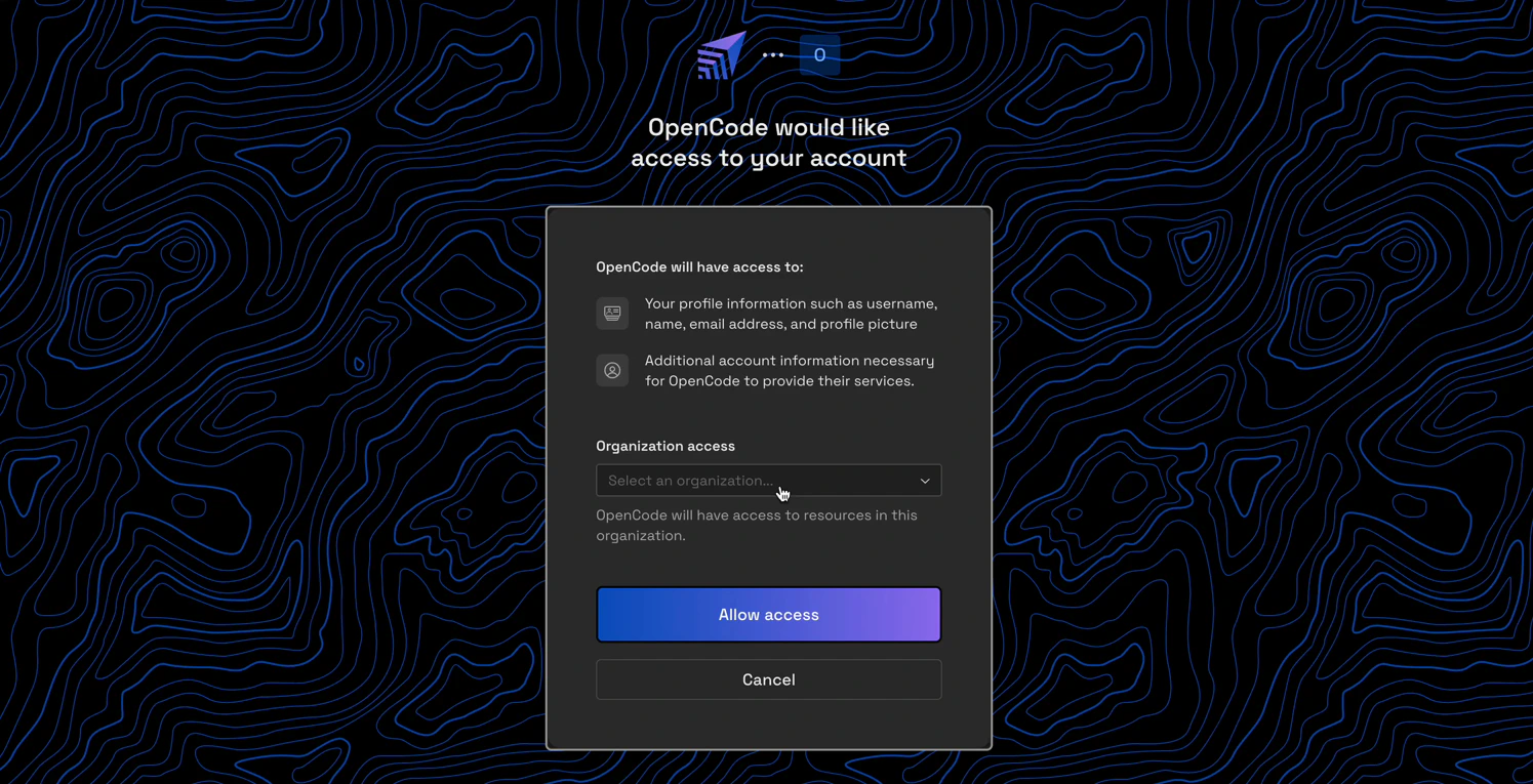 Wherobots OAuth consent screen prompting OpenCode access for the selected Organization