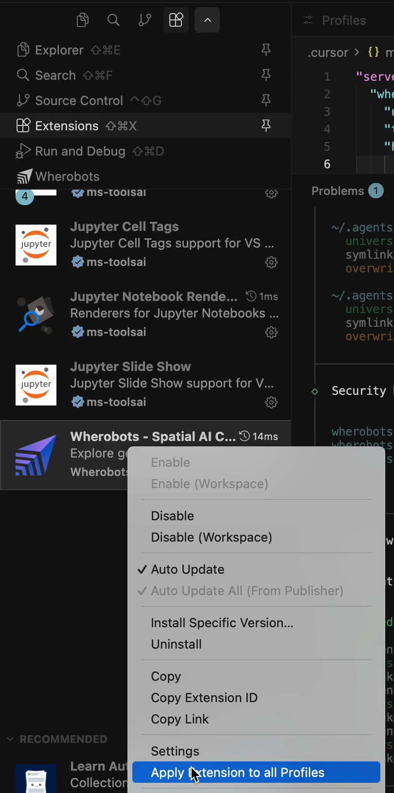 Cursor extension context menu with Apply Extension to all Profiles highlighted