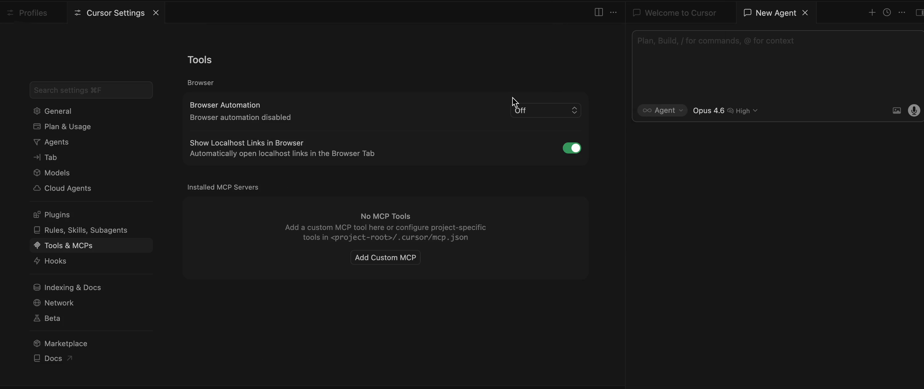 Cursor Settings Tools & MCPs empty state with Add Custom MCP button