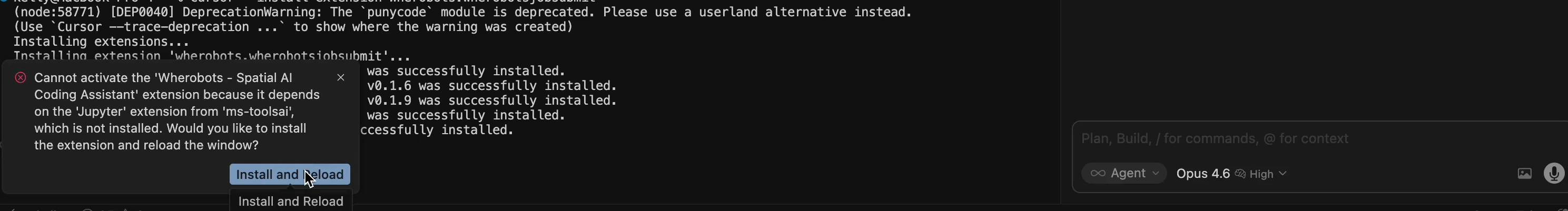 Cursor dialog prompting to install the Jupyter dependency and reload