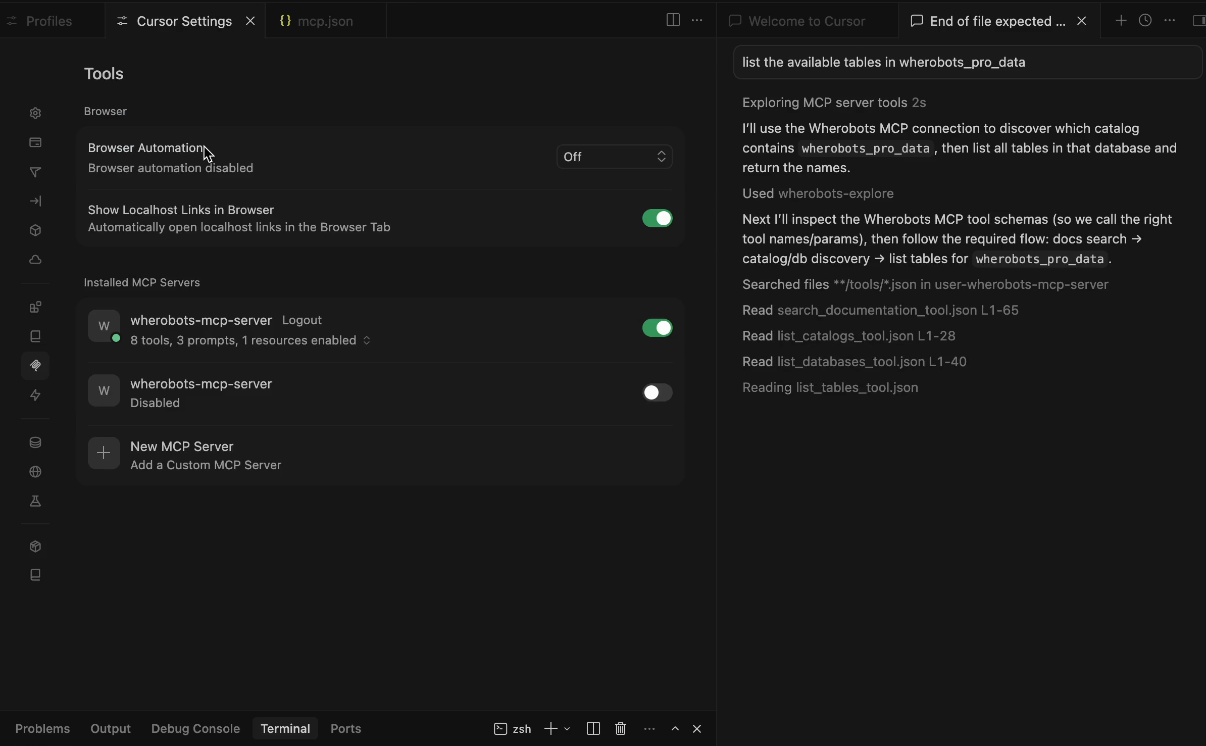 wherobots-mcp-server enabled in Cursor Settings Tools & MCPs