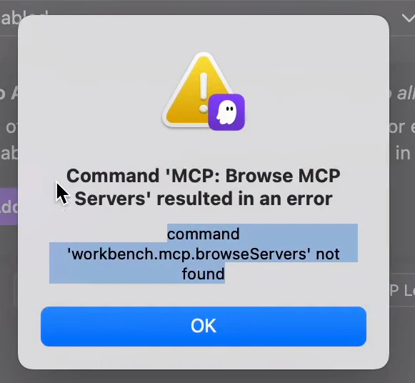 Kiro error dialog showing the workbench.mcp.browseServers command not found