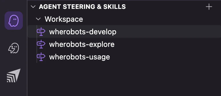 Kiro sidebar with all three Wherobots skills installed under Agent Steering & Skills