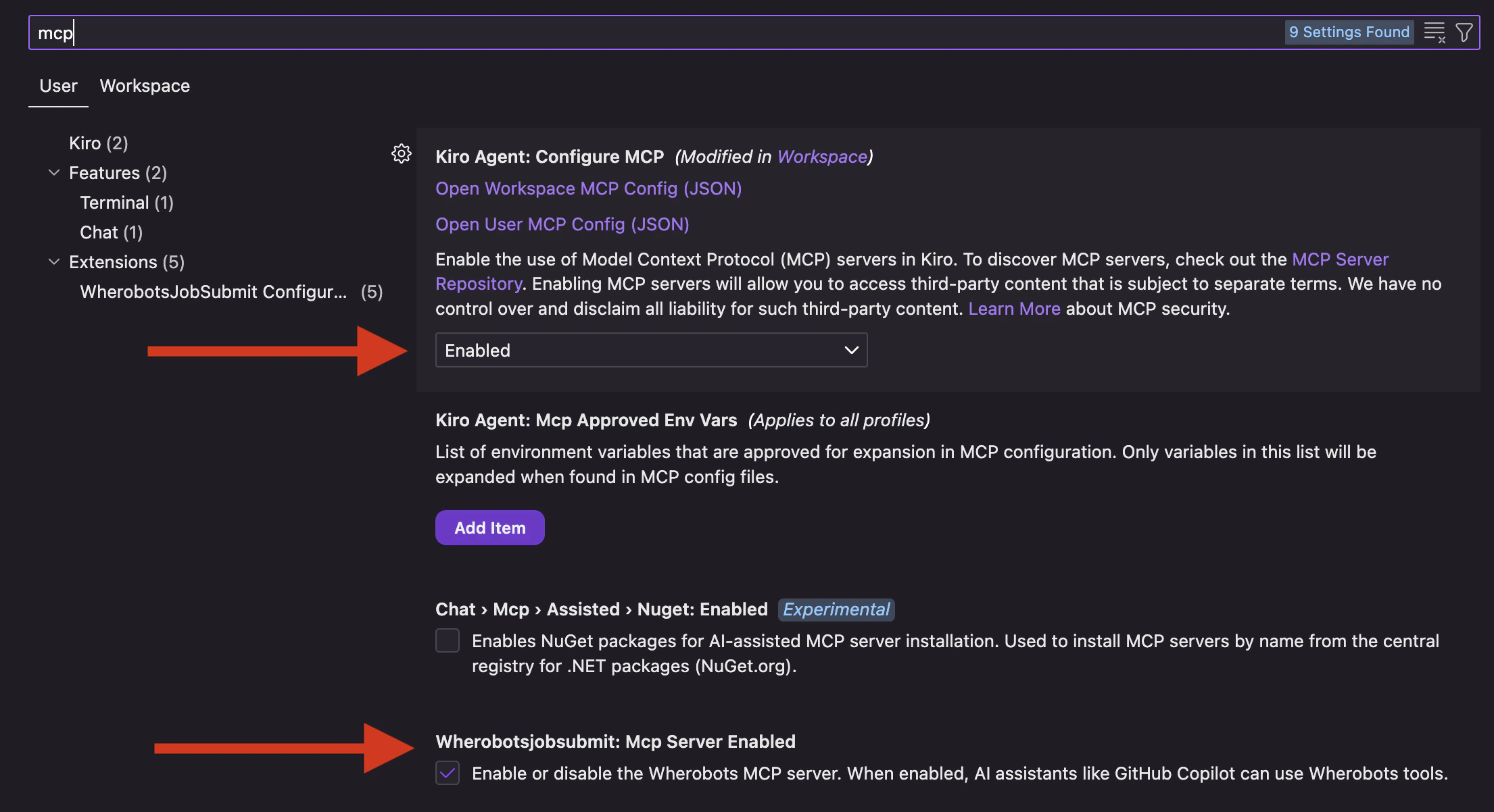 Kiro Settings panel with the Wherobots MCP server and job submission settings enabled