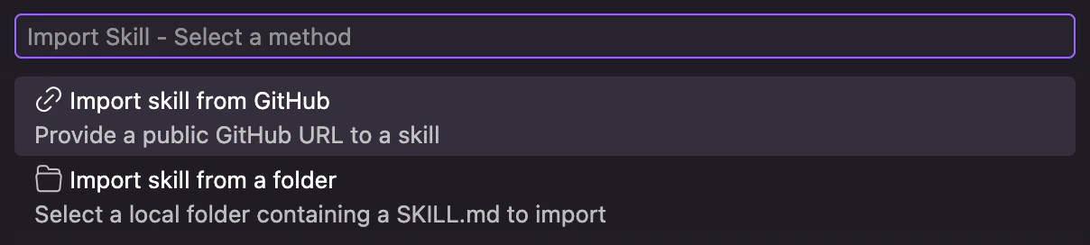 Kiro import skill dialog with Import skill from GitHub option highlighted