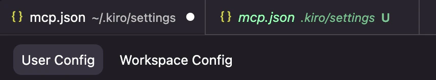 Kiro MCP config editor showing User Config and Workspace Config tabs
