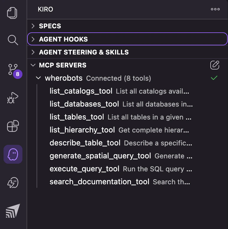 Kiro sidebar showing wherobots MCP server connected with 8 tools