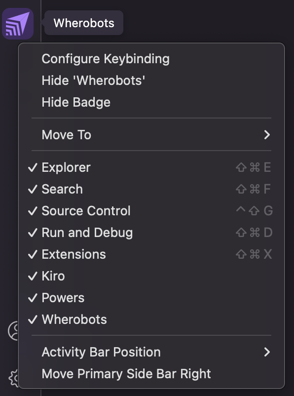 Wherobots extension checked in the Kiro Activity Bar