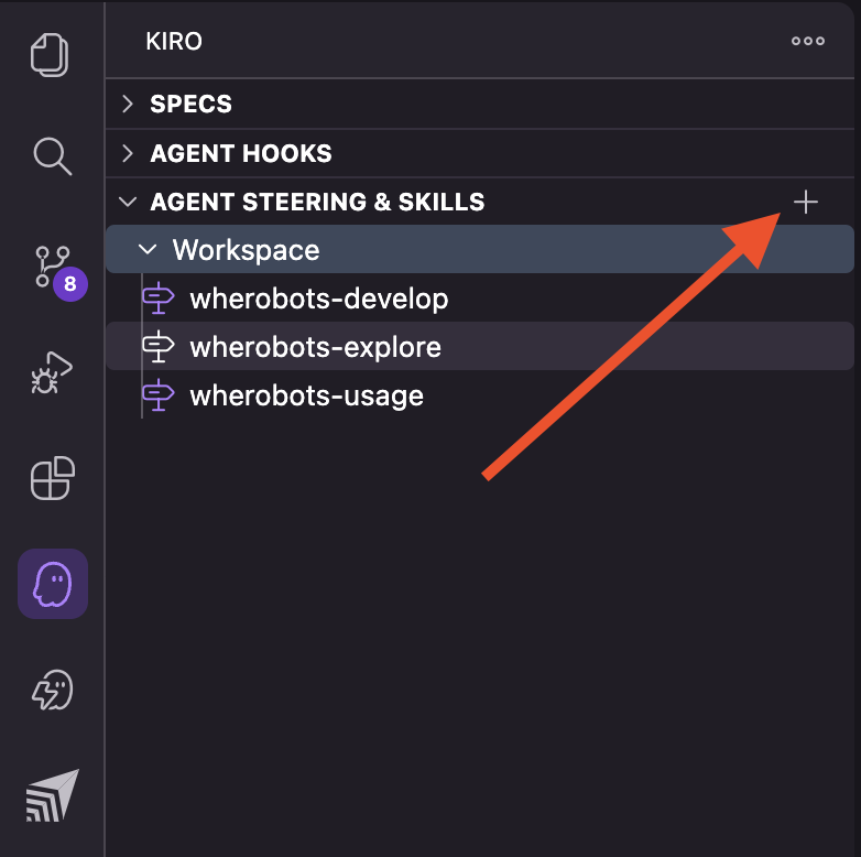 Kiro Agent Steering & Skills section with + button to add a new skill highlighted