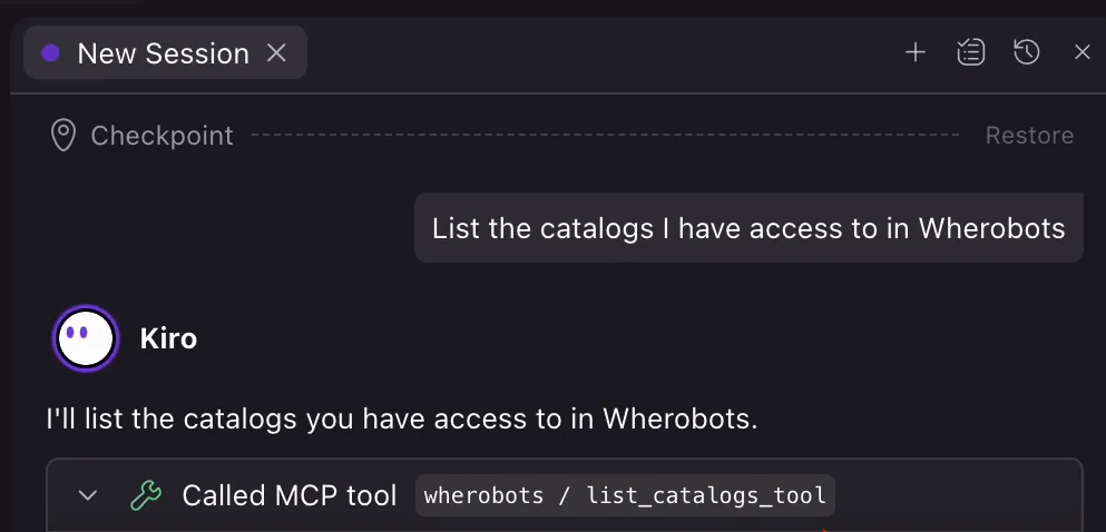 Kiro chat calling list_catalogs_tool via MCP