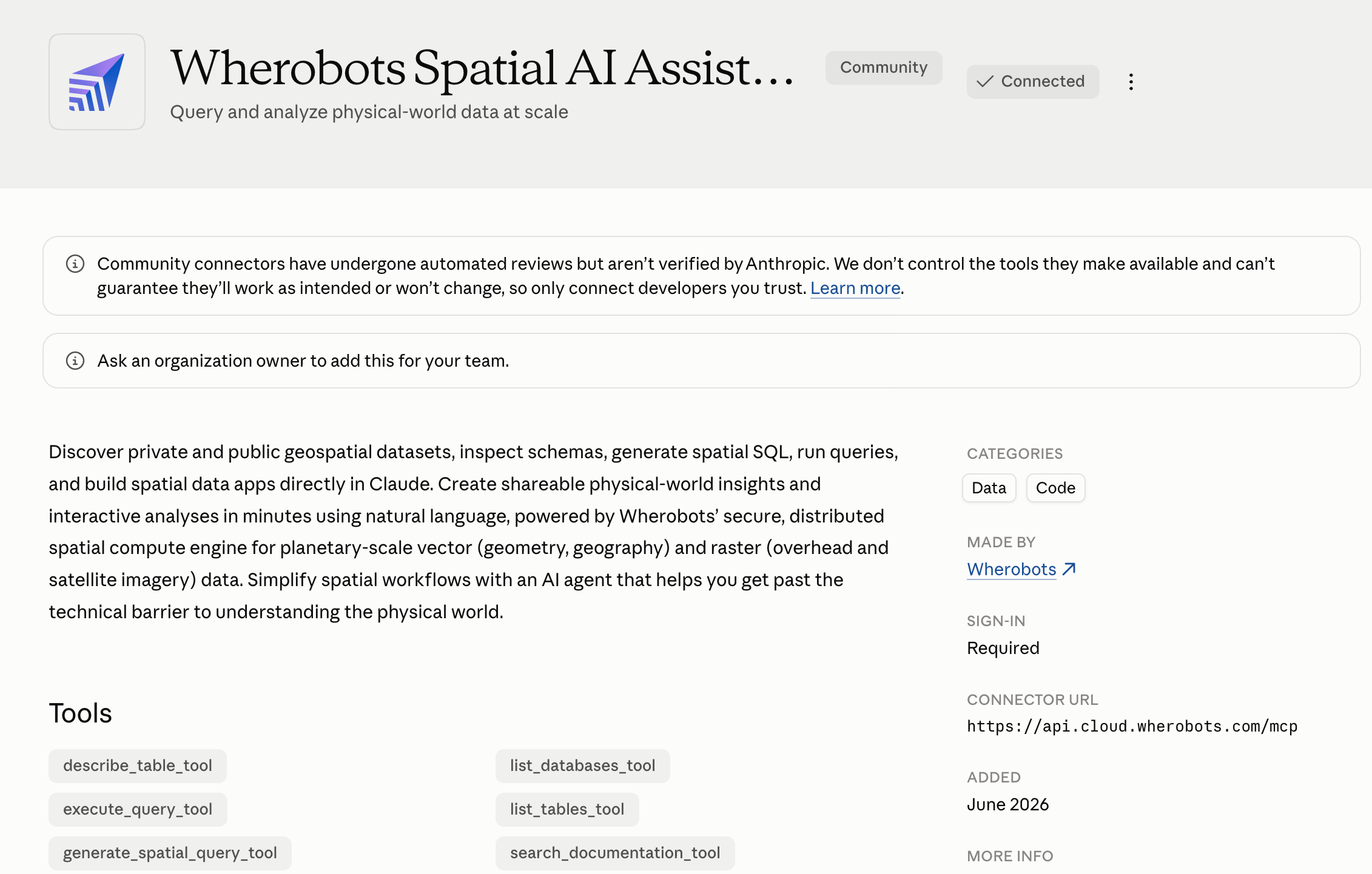 Wherobots in Claude Directory