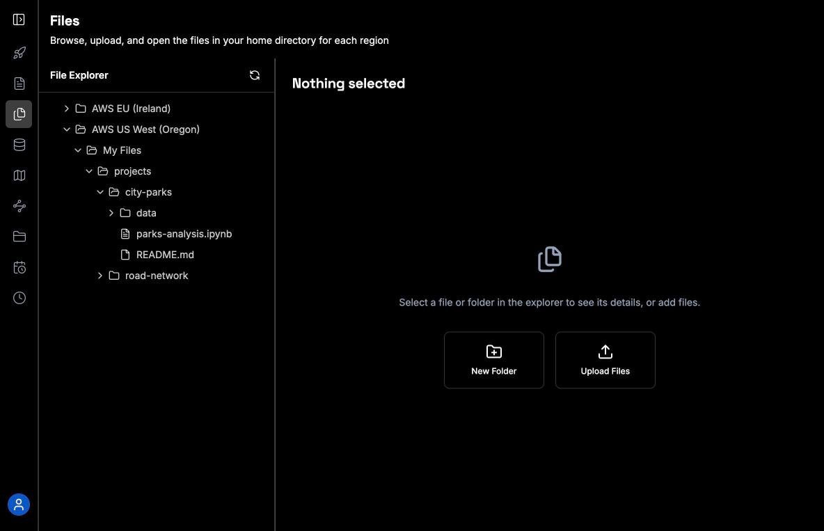 Files page with My Files expanded in AWS US West (Oregon)