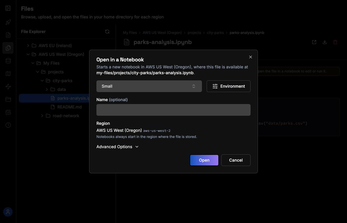 The Open in a Notebook dialog