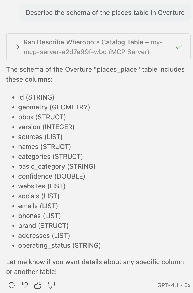 Screenshot showing the MCP server dataset details response in Copilot Chat