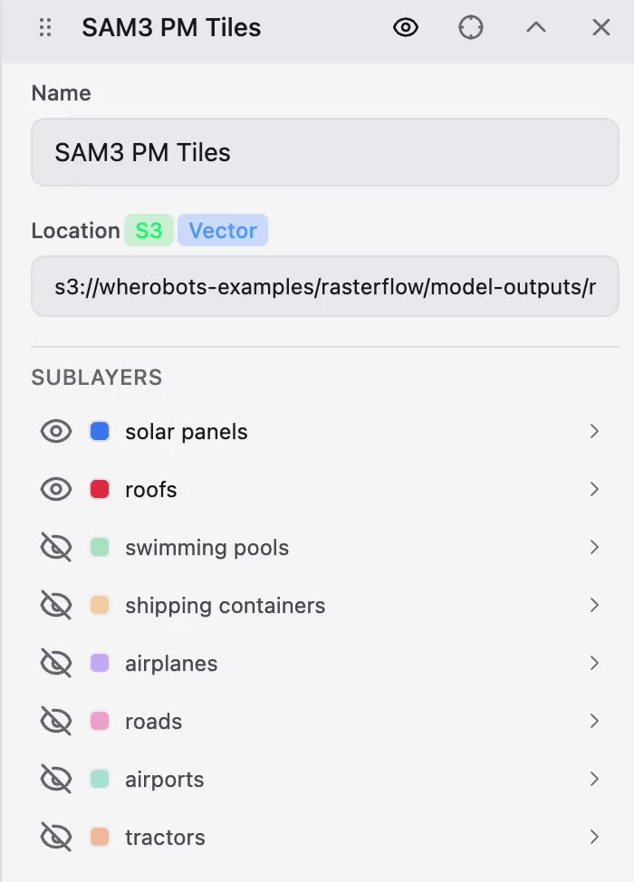 The Layers panel from Wherobots Cloud, showing a single layer named SAM3 PM Tiles with eight sublayers listed beneath it, one for each text prompt in the run. The solar panels and roofs sublayers are visible; the rest are toggled off.