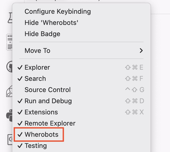 Wherobots extension checked in the Activity Bar