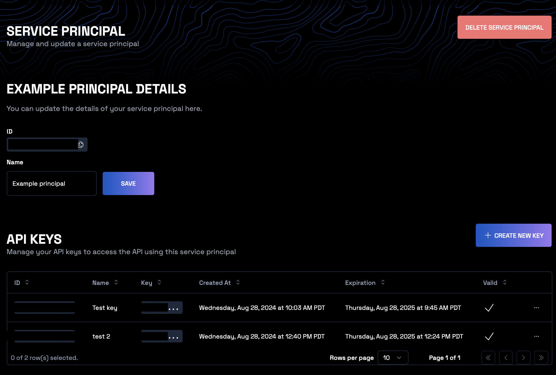 Service principal detail page