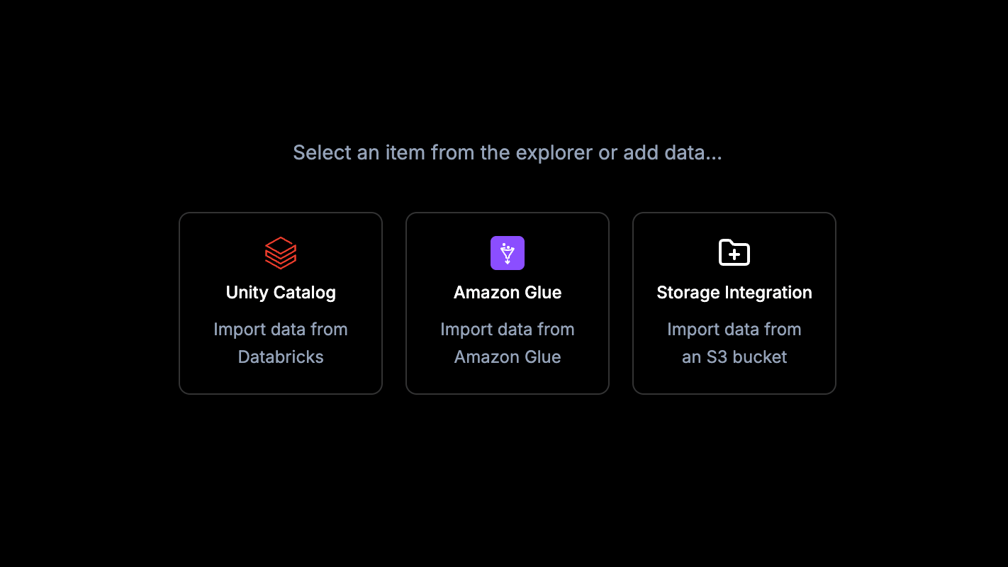 The Data Hub empty state showing the Unity Catalog, Amazon Glue, and Storage Integration cards